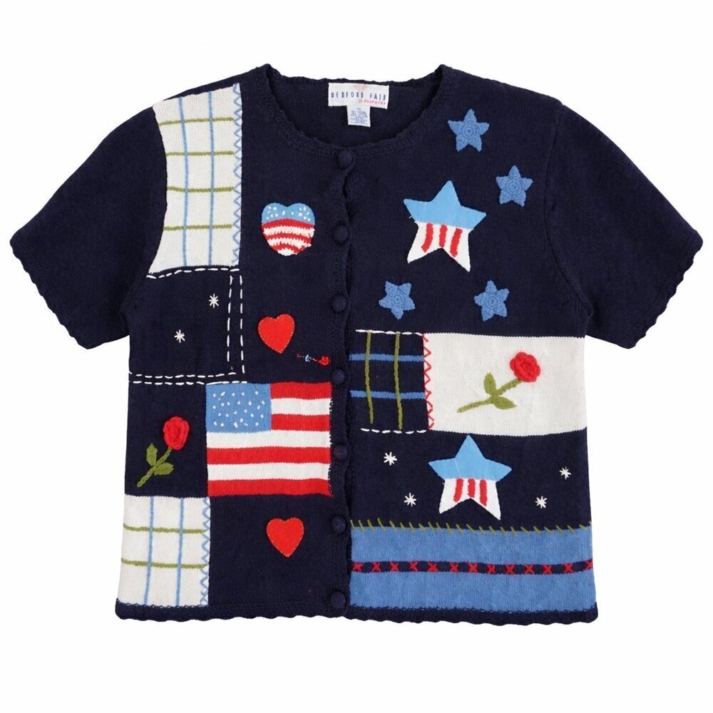 Vintage Bedford Fair Navy Knit Star Flag Heart Rose Patchwork Cardigan XL
